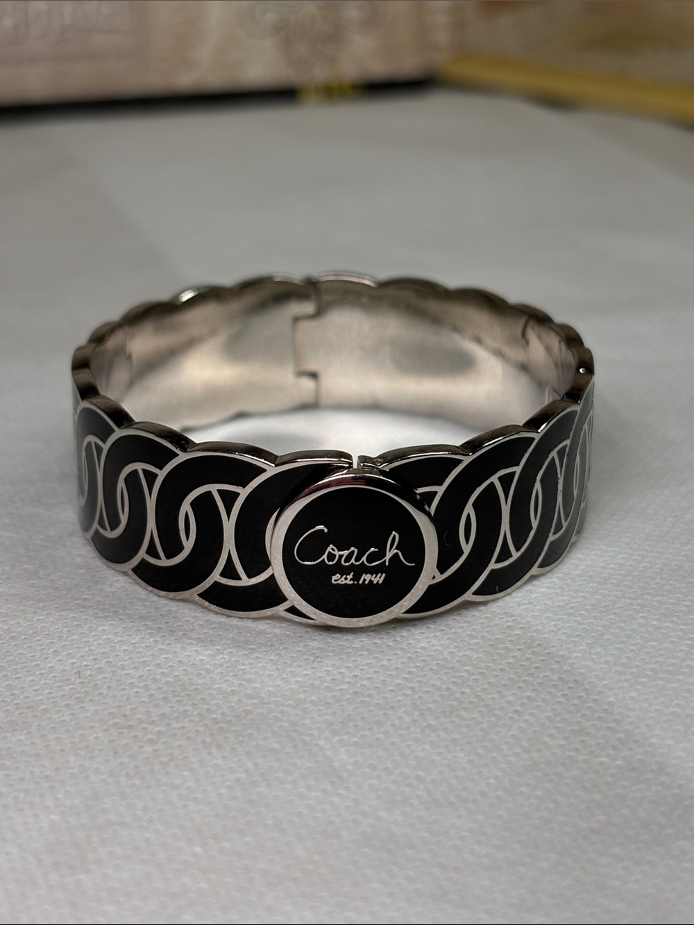 Coach Black and Silver Link Bracelet with Logo Medallion